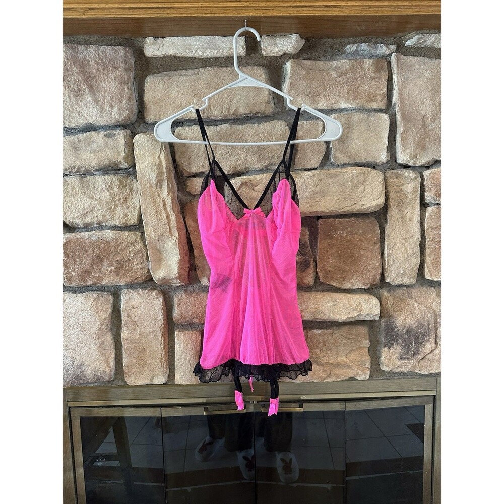 VTG Y2K Leg Avenue Pink/Black Micro Mesh Lingerie Slip Cami Bow Lace Ruffle S/M